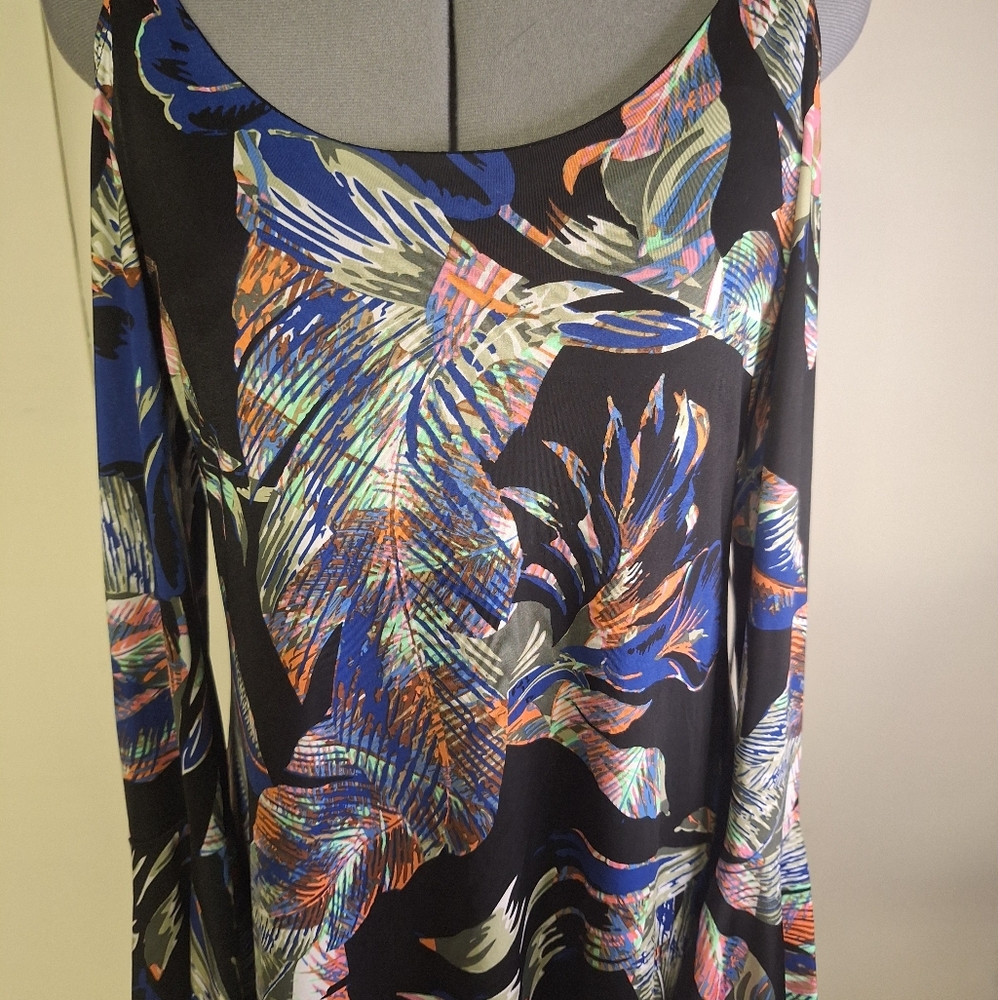 Karen Kane Colorful Abstract Beautiful Leaves Print Open Shoulder Dress Size Med